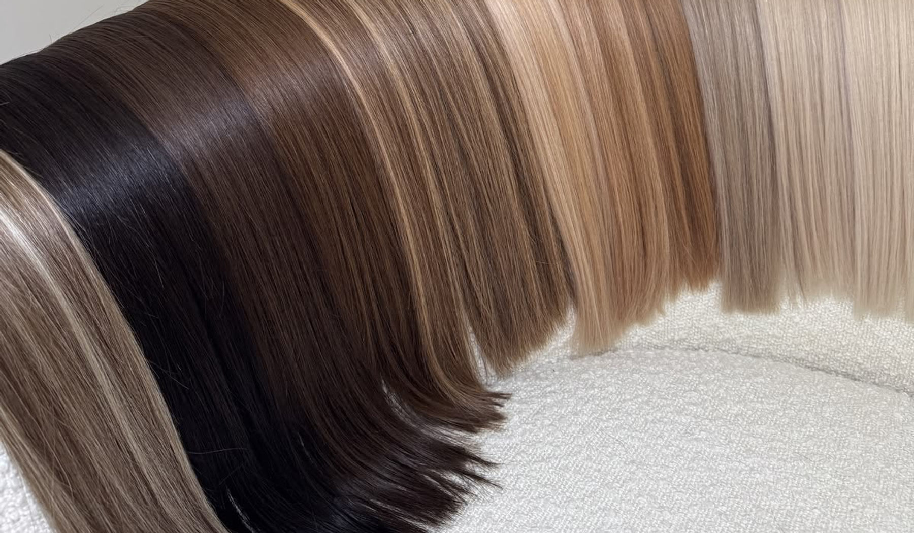 Hair extension wefts in a range of shades at Blanche Beauty in Fitzrovia